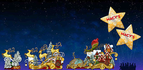 Artists rendering of Santa and his elves floats in the Universal Holiday Parade