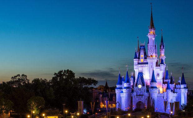 Disney castle lit up against night sky