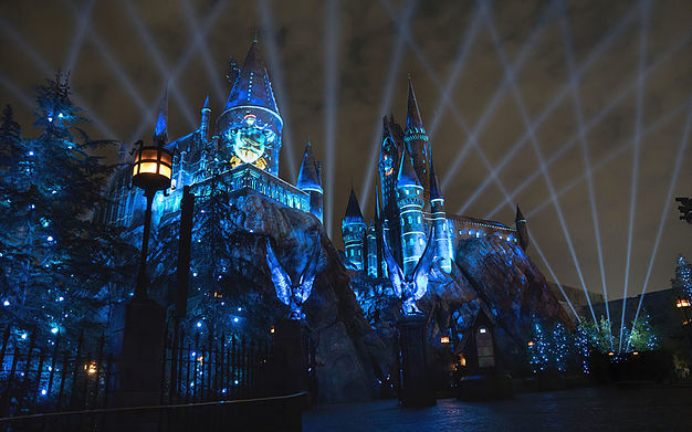Hogwarts illuminated at night blue Ravenclaw lights