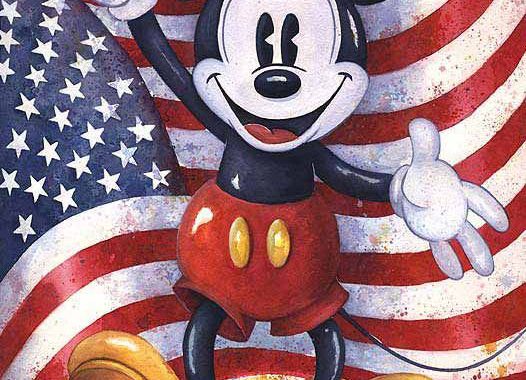 Mickey Mouse waving with flag background