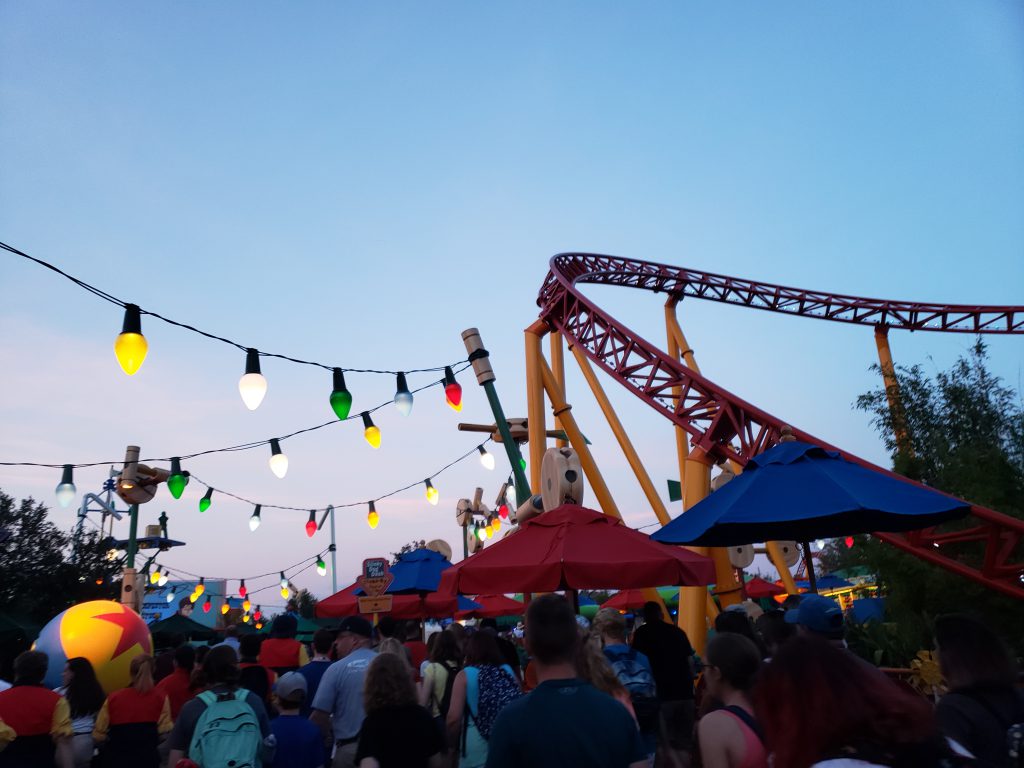 Festive colored lights at Toy Story Land
