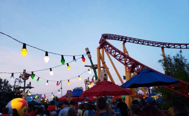 Festive colored lights at Toy Story Land