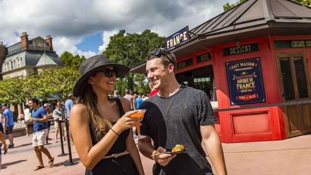 couple with drinks and food at Epcot IFWF