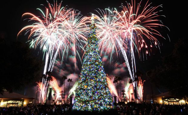 fireworks by Christmas tree
