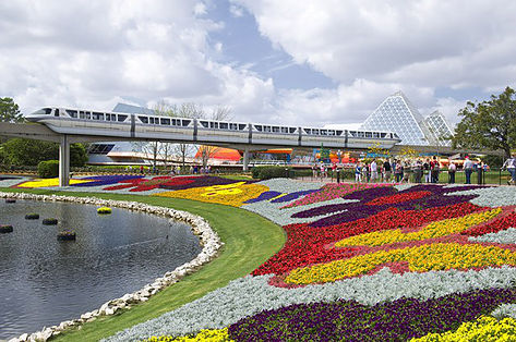 monorail and flower beds at Epcot