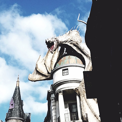 replica of dragon on roof of Gringott's bank at Happy Potter World