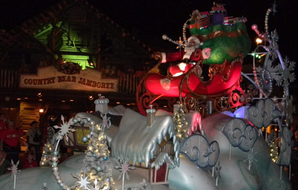 Santa on sleigh float at Disney Christmas parade