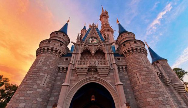 view of Disney castle at sunset