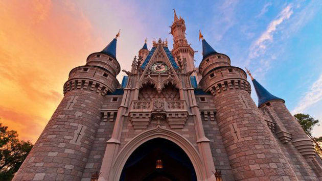 view of Disney castle at sunset