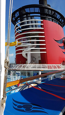 view of spiral staircase on deck of Disney Wonder